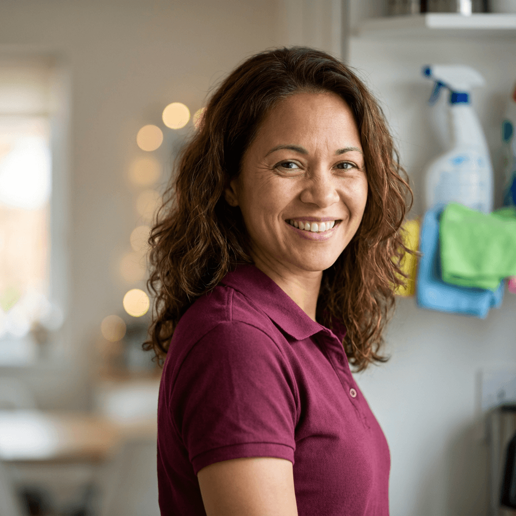 Woman in her early 50s smiling warmly by a window