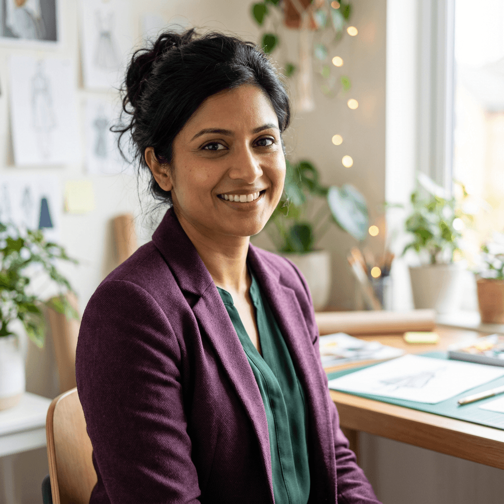Woman in her late 30s smiling thoughtfully