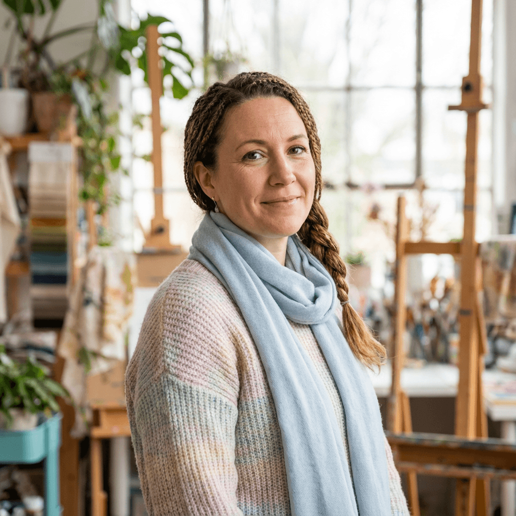 Woman in warm lighting smiling gently