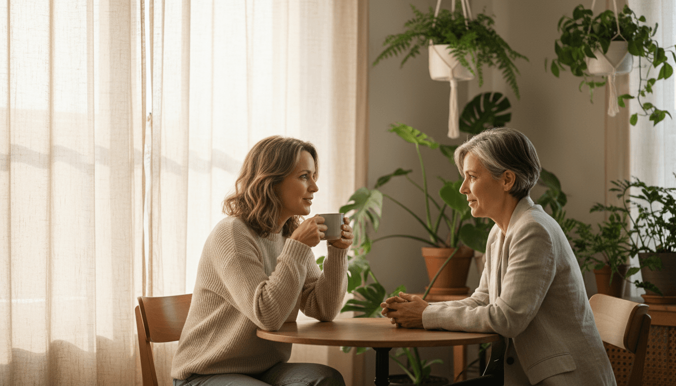 Women sitting across from each other in quiet coaching session