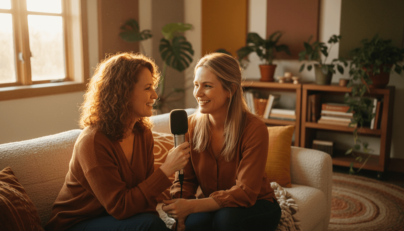 Two women in their 40s having a warm, genuine conversation on a couch with a microphone between them