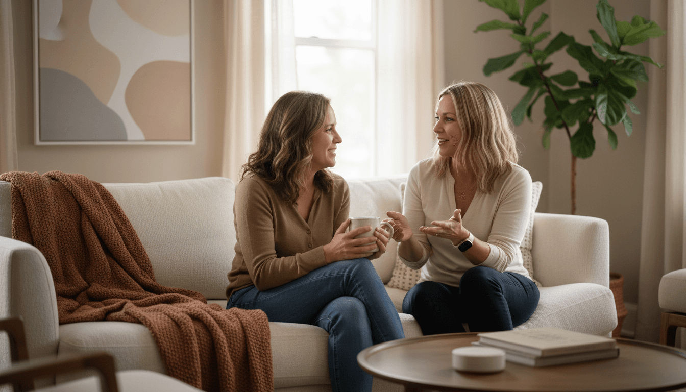 Two women in their forties having a genuine conversation in a cozy Minneapolis living room