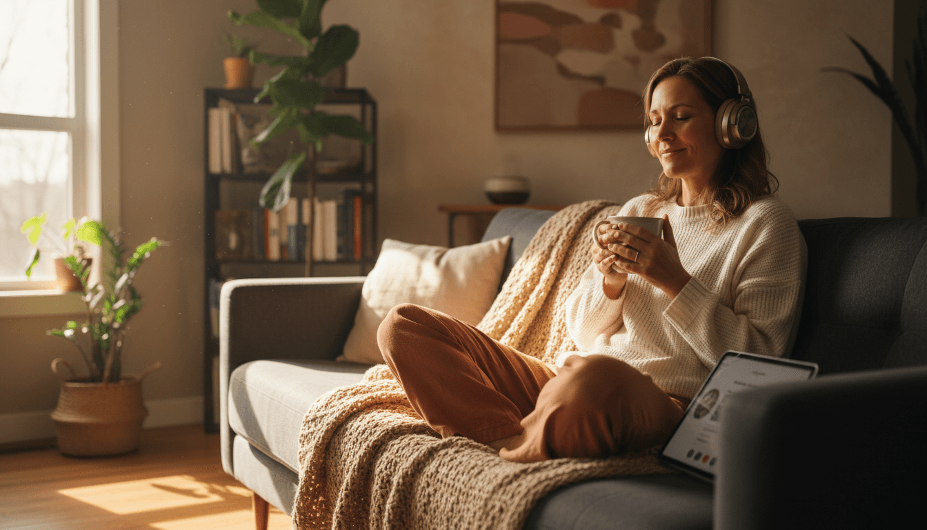 Woman in her 40s listening to a podcast on headphones in a cozy living room