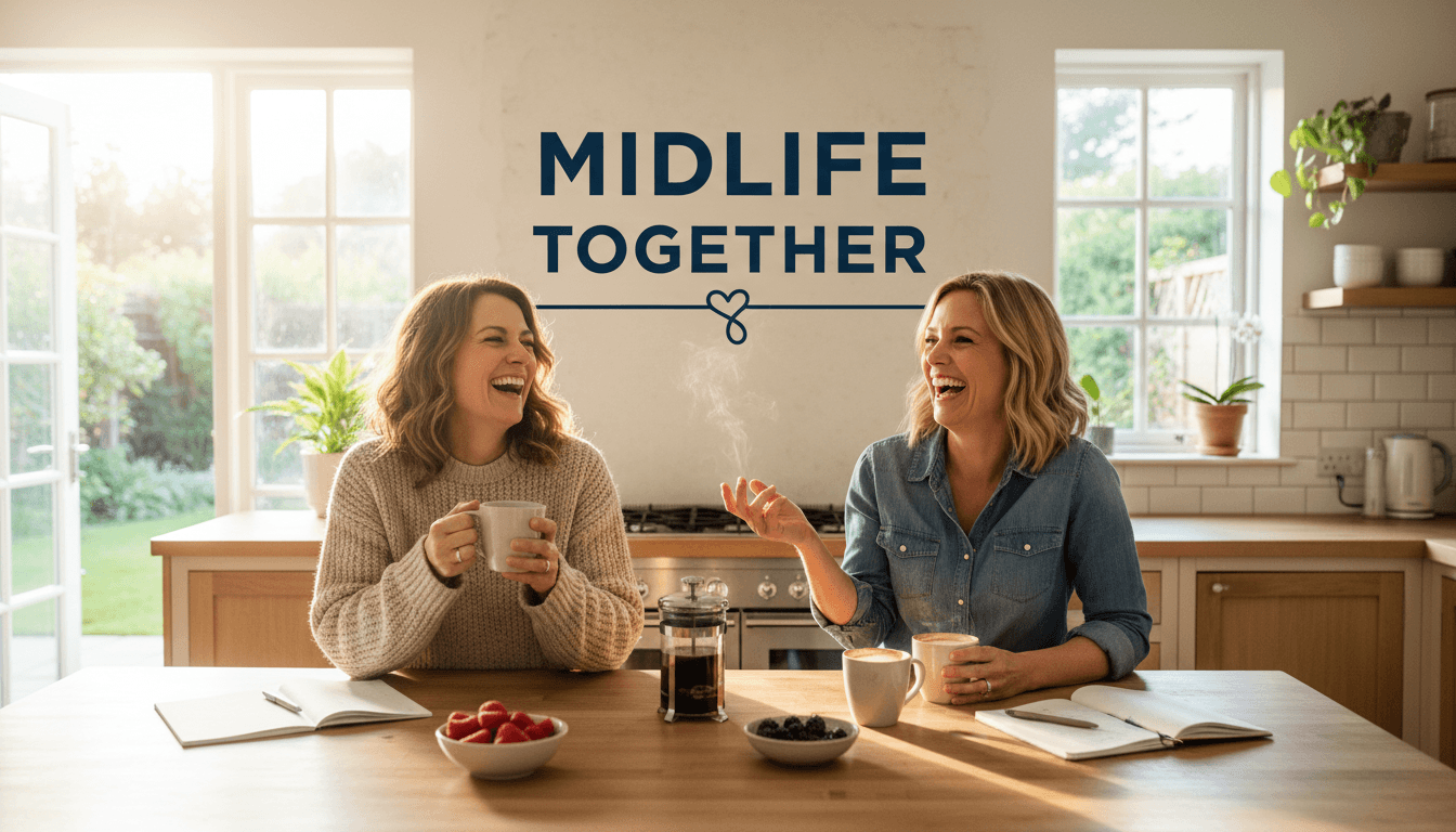 Two women in their 40s laughing together over coffee in a bright kitchen, warm and genuine moment