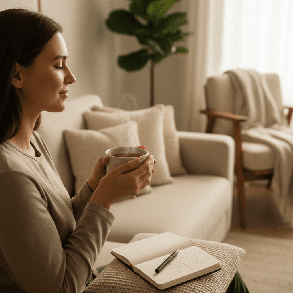 Woman in her 40s relaxing on a sofa in sunlit living room, smiling thoughtfully