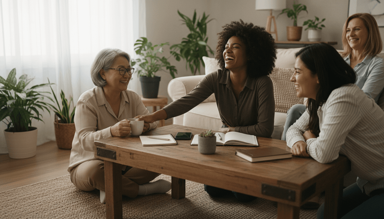 Group of women gathered in a cozy living room setting