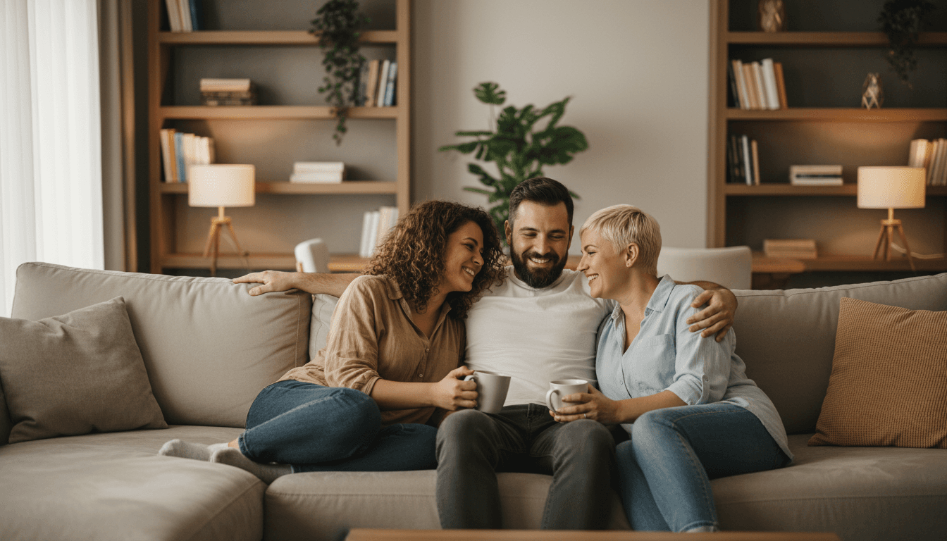 Two women laughing together on a couch in a bright, cozy living room