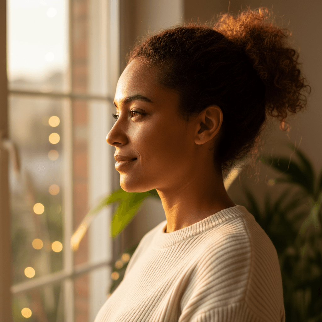 Woman with thoughtful expression in natural window light