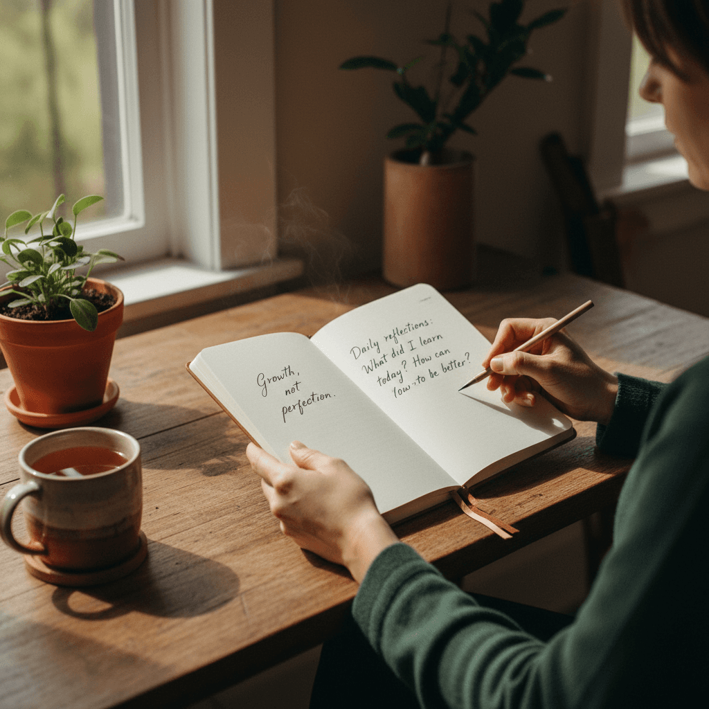Woman journaling at a kitchen table in the morning