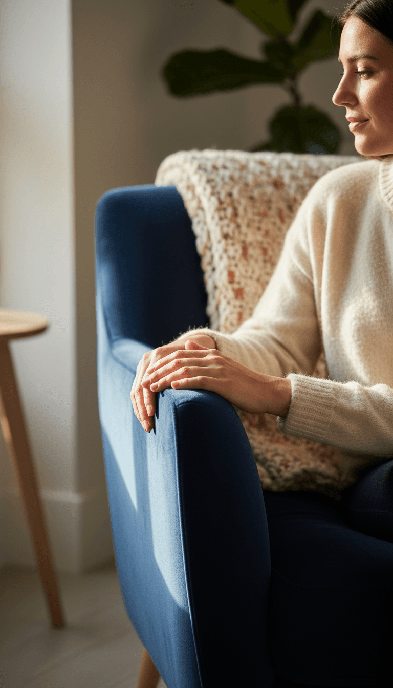 Woman in her 40s sitting thoughtfully in a cozy sunlit living room with a cup of tea