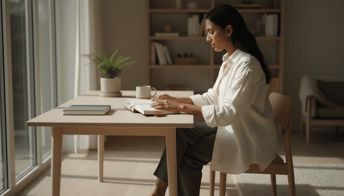 Woman in her 40s holding a notebook on a couch in a sunlit living room