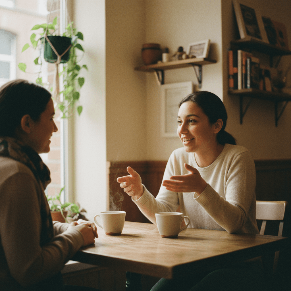 Two women laughing together at a kitchen table with coffee cups