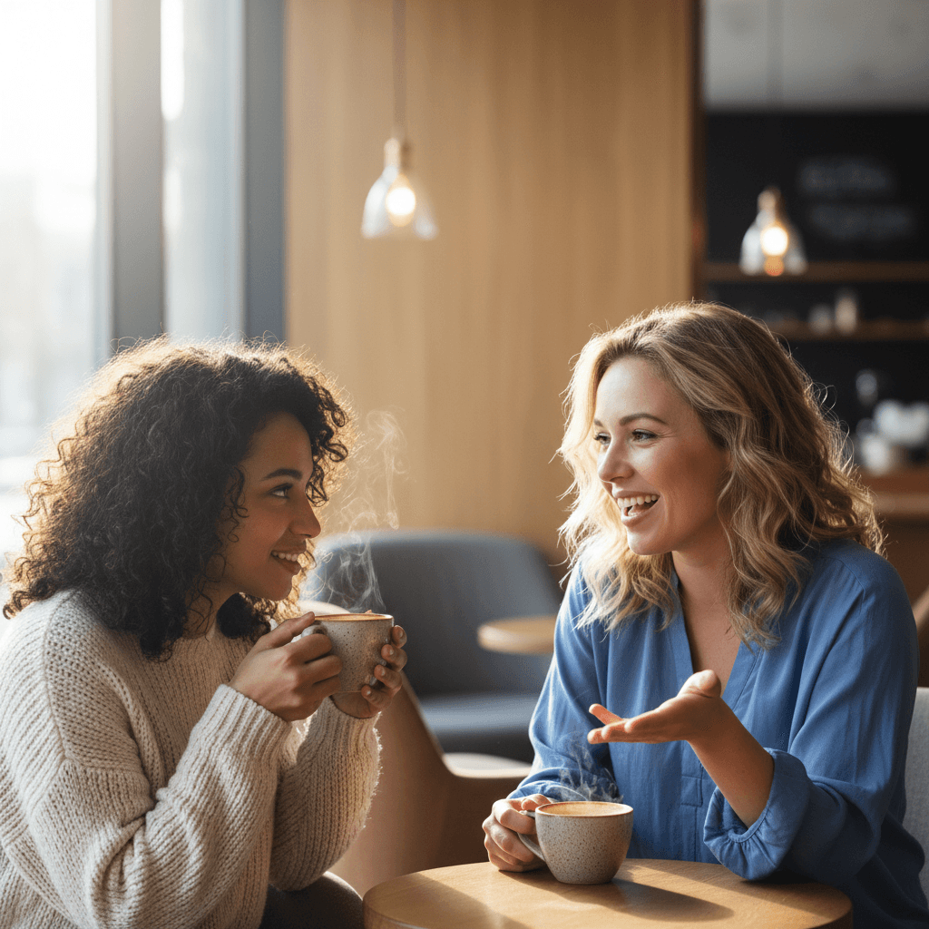 Two women in their 40s laughing together at a cafe
