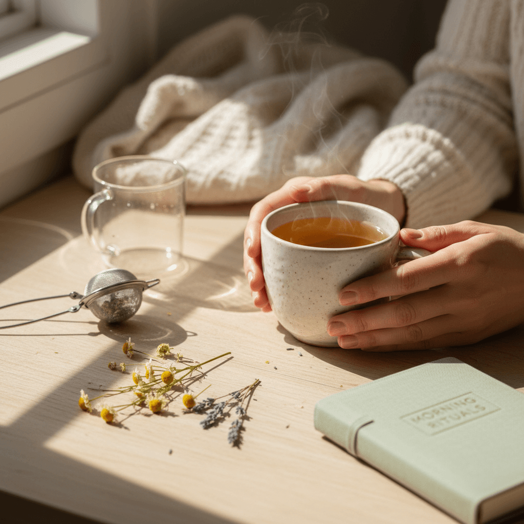 Hands placing a mug of tea next to a notebook on a wooden table