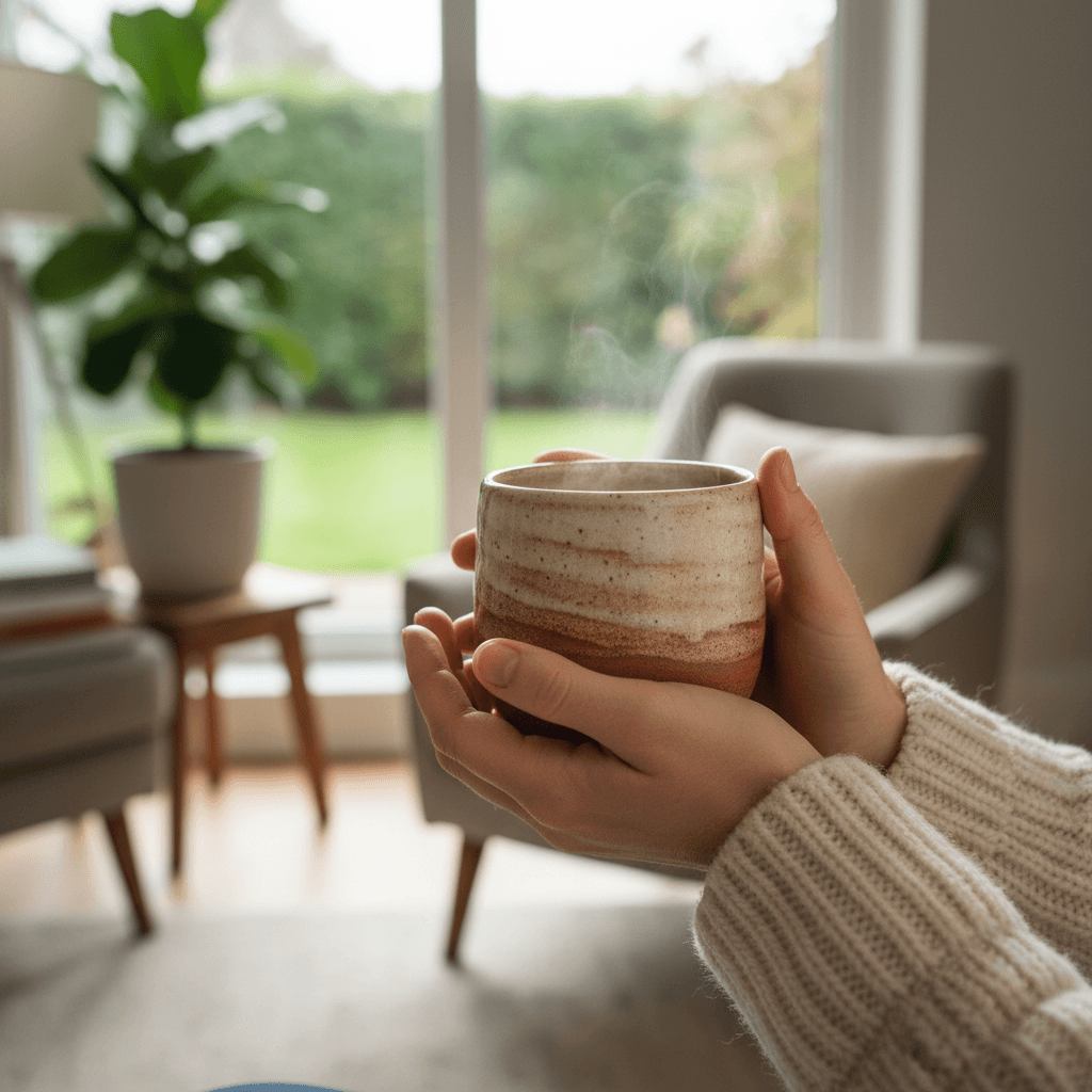 Woman in her 40s sitting thoughtfully on a couch with a mug by a sunlit window