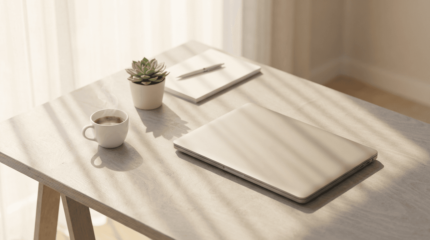 Woman working at a laptop in a calm home office
