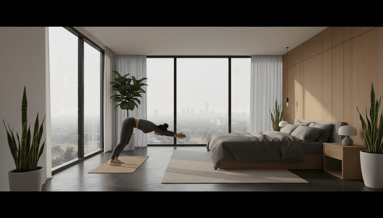Woman stretching in a sunlit living room with a calm expression